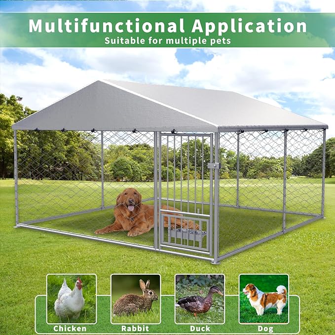 Large Outdoor Dog Kennel with Roof, 10'×10' Outside Dog Kennel Heavy Duty Dog Run Fence with Waterproof Sun-Proof Cover and 2 Stainless Steel Dog Bowl