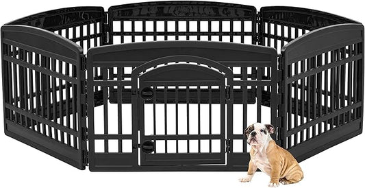 IRIS USA Dog Playpen, 6-Panel 24" Pet Playpen with Door, Puppy Playpen, Indoor/Outdoor Dog Pen, 60 x 60 x 24,Foldable, Customizable, Black