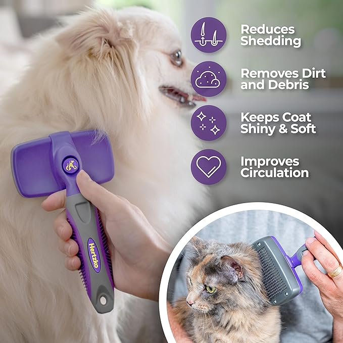 Hertzko Dog & Cat Brush, Dog Brush for Shedding, Cat & Dog Grooming, Self Cleaning Slicker Brush for Pets, Grooming Brushes for Long Short Haired Dogs Cats, Small size Deshedding Brush, Rake, Comb