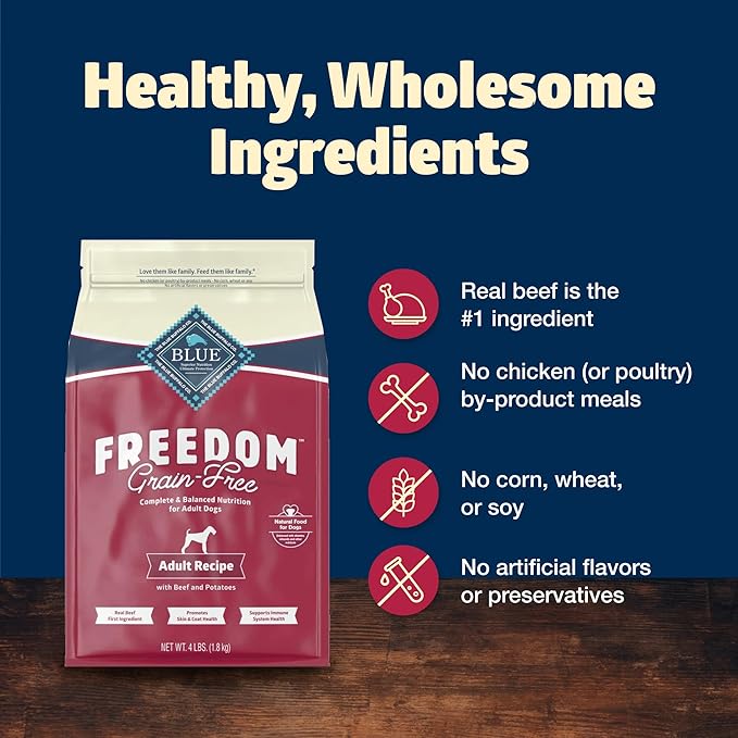 Blue Buffalo Freedom Grain-Free Dry Dog Food, Complete & Balanced Nutrition for Adult Dogs, Made in the USA With Natural Ingredients, Beef & Potatoes, 4-lb. Bag