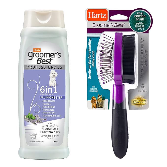 Hartz Grooming Supplies Bundle with Groomer's Best Professionals 6-in-1 Dog Shampoo and Combo Brush for Dogs, Good for All Dogs & Coat Types