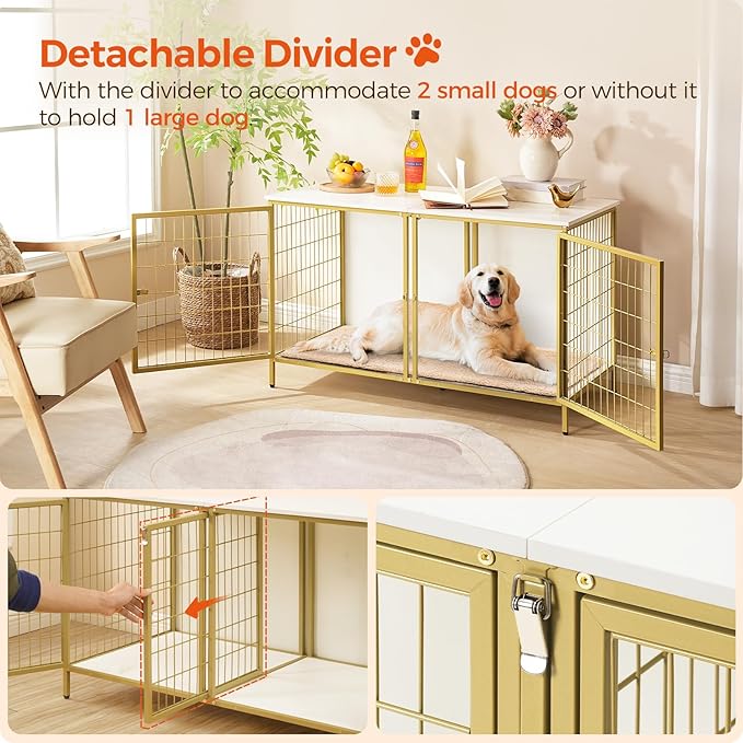 Dog Crate Furniture for 2 Dogs, 43.3" Dog Kennel with Removable Divider, Heavy Duty Wooden Dog Kennel for Small Medium Dog, Indoor Dog Cage End Table with Double Doors, White DCJW1201