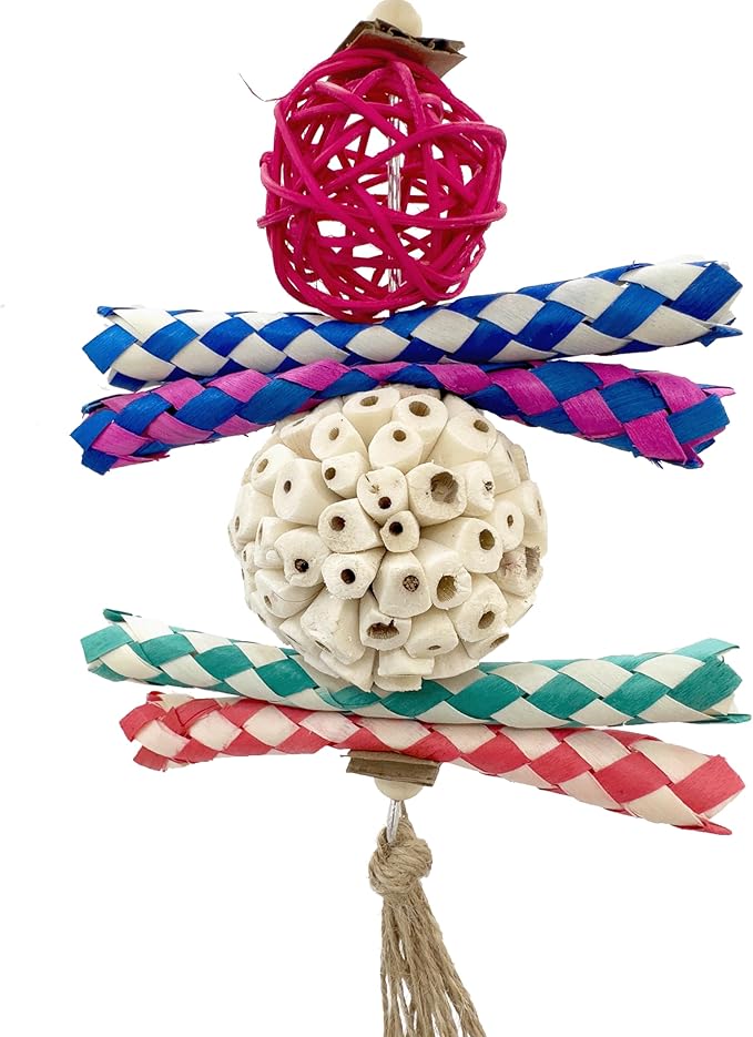 1702 Rainbow Rattan Sola Shredder - Handcrafted Foraging Bird cage Toy, Colorful Rattan Vine Ball, Chewy Bamboo Finger Traps, Handmade sola Wood Ball, Natural Jute Twine, Soft Materials, Easy Ripping