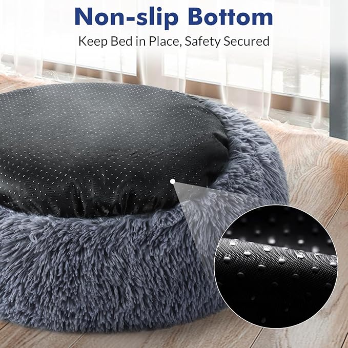 rabbitgoo Cat Beds for Indoor Cats, 20 inches Cat Bed Machine Washable, Fluffy Round Pet Bed Non-Slip, Calming Soft Plush Donut Cuddler Cushion Self Warming for Small Dogs Kittens, Dark Grey, Medium