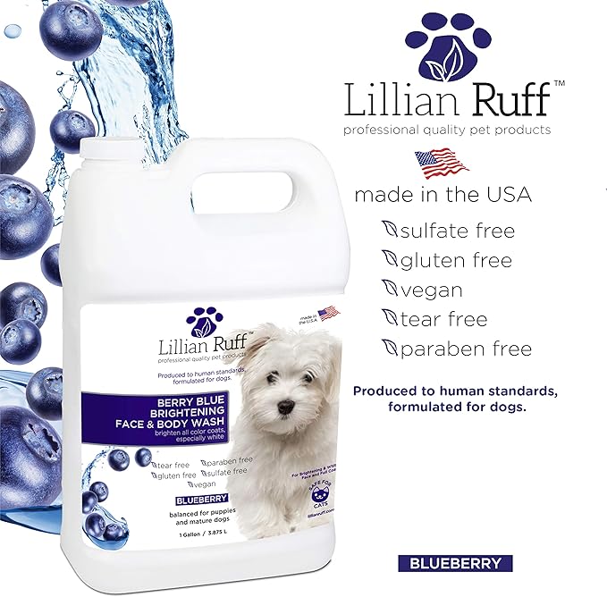 Lillian Ruff Berry Blue Brightening Face and Body Wash for Dogs - Blueberry Shampoo - Remove Tear Stains, Hydrate Dry Itchy Skin, Add Shine & Luster to Coats (Berry Blue Shampoo Gallon)