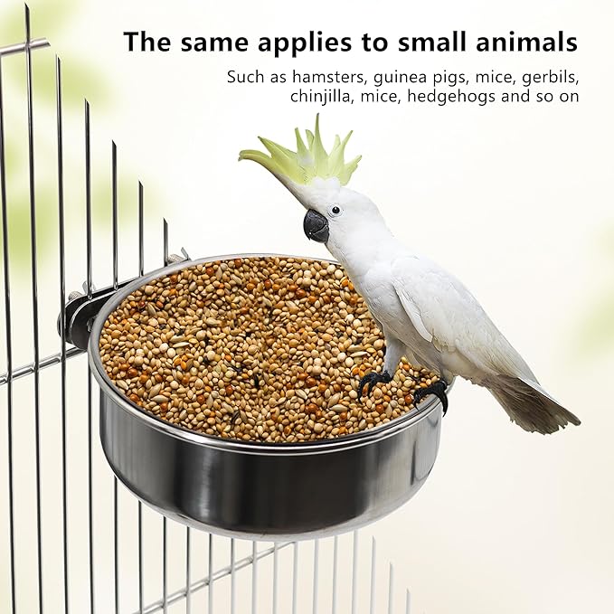 Large Bird Feeding Dish Cups,Parrot Food Bowl Cage with Clamp Holder Stainless Steel,Birdcage Coop Water Feeder for Cockatiel Parakeet Macaw Finches Lovebirds Small Dog Cat Animal(1 Pack, Large)