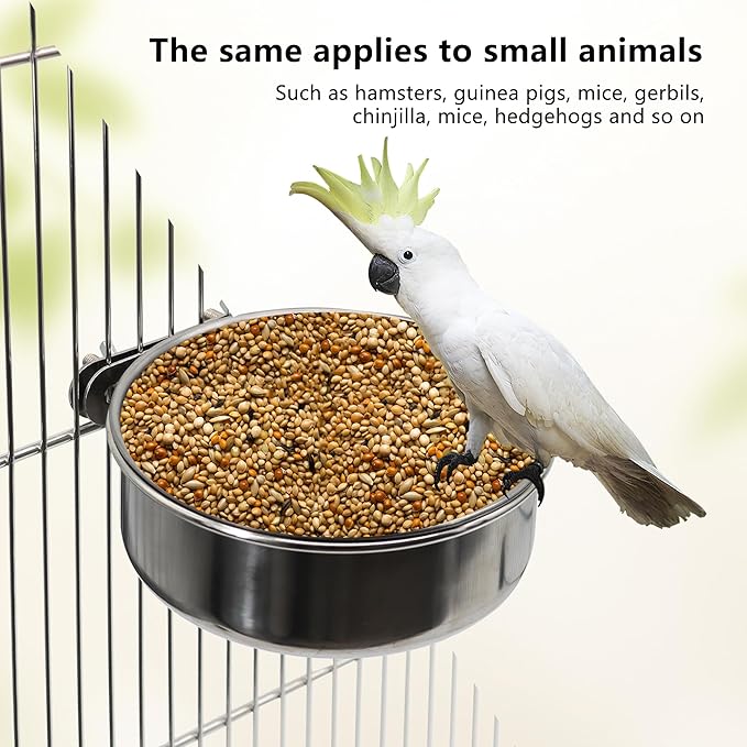 Small+Medium Bird Feeding Dish Cups,Parrot Food Bowl Cage with Clamp Holder Stainless Steel,Birdcage Coop Water Feeder for Cockatiel Parakeet Macaw Finches Lovebirds Small Animals (1 Pack, S+M)