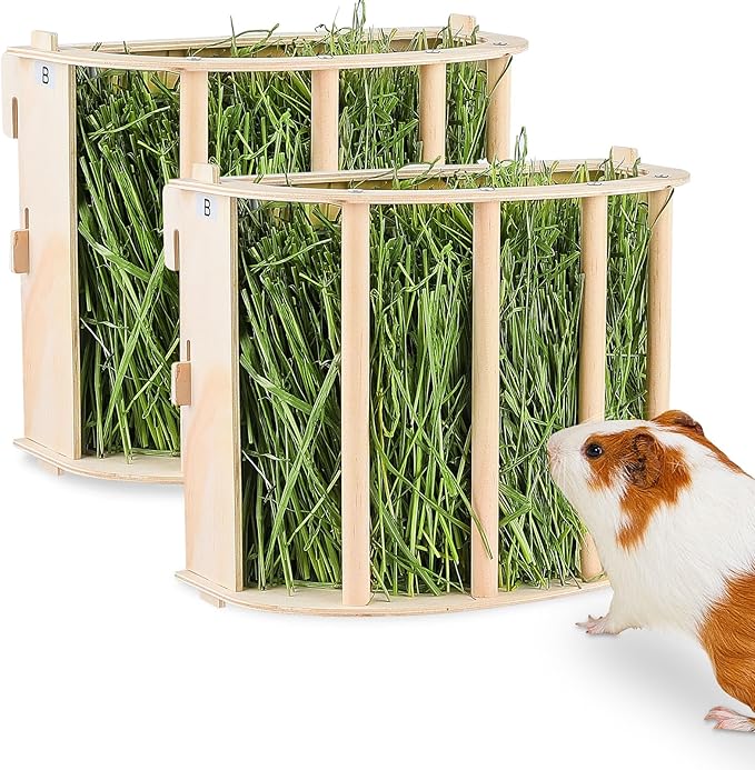 2PCS Guinea Pig Hay Feeder Wooden Rabbit Hay Feeder Big Volume Bunny Hay Holder Hanging Hay Rack with Instructions Guinea Pig Cages Accessories for Chinchilla and Ferret, Rabbit Cage Accessories