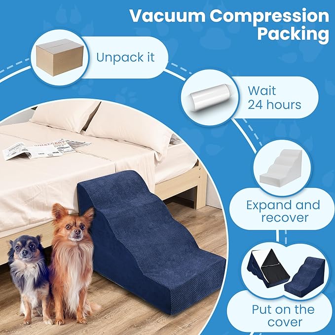 Dog Stairs 4 Steps, 19.6 inch High Pet Stairs, 30D Foam Dog Dtairs & Steps Curved Steps and Small Step Angle Protect Your Pet's Joints, Dog Steps for Small Dog, Dog Stairs to Bed, Blue