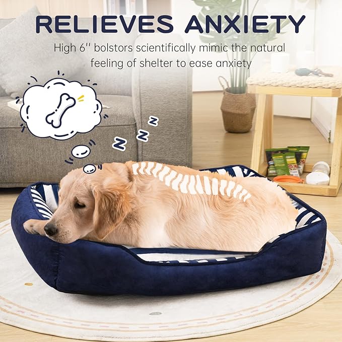 Dog Beds Large Sized Dog, Large Dog Beds with Orthopedic Memory Foam Dog Beds, Pet Beds for Large Dogs, Dog Bed with Removable Washable Cover, Blue & White Color, L, 40" L X 31" W X 6" Th
