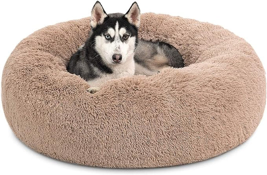 Bedsure Calming Dog Bed for Large Dogs - Donut Washable Large Pet Bed, 36 inches Anti Anxiety Round Fluffy Plush Faux Fur Dog Bed, Fits up to 100 lbs Pets, Camel