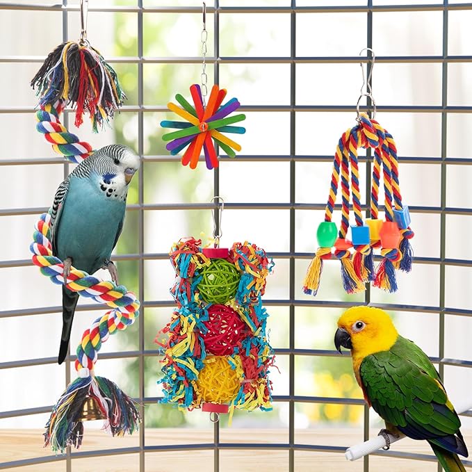 Bird Toys Parakeets Chewing Toys, Parrots Foraging Toys Bird Swing Climbing Hanging Toys Rope Perch Cage Toys for Small Medium Birds Conure Cockatiel Budgies Parrot Cockatoo Lovebird