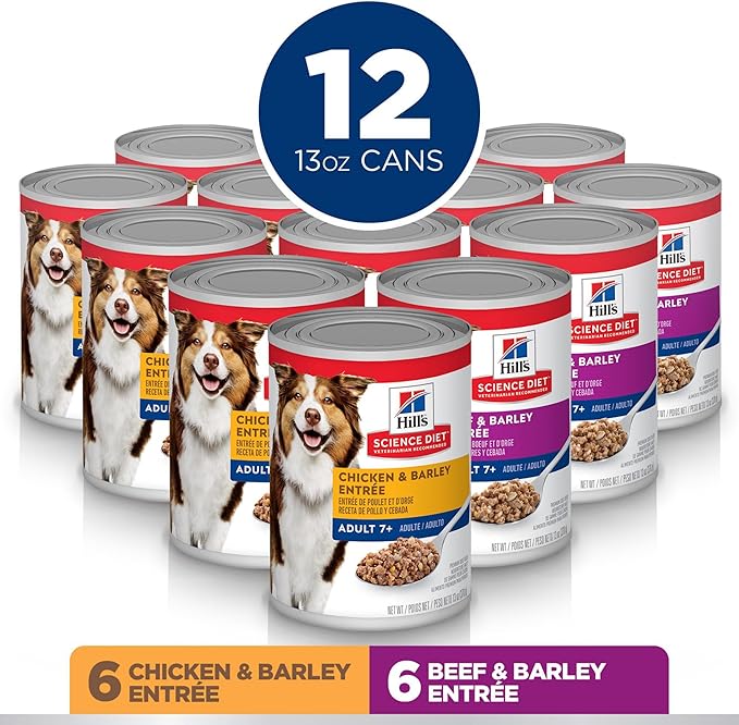 Hill's Science Diet Adult 7+, Senior Adult 7+ Premium Nutrition, Wet Dog Food, Variety Case: Chicken & Barley; Beef & Barley Loaf, 13 oz Can Variety Case, Case of 12