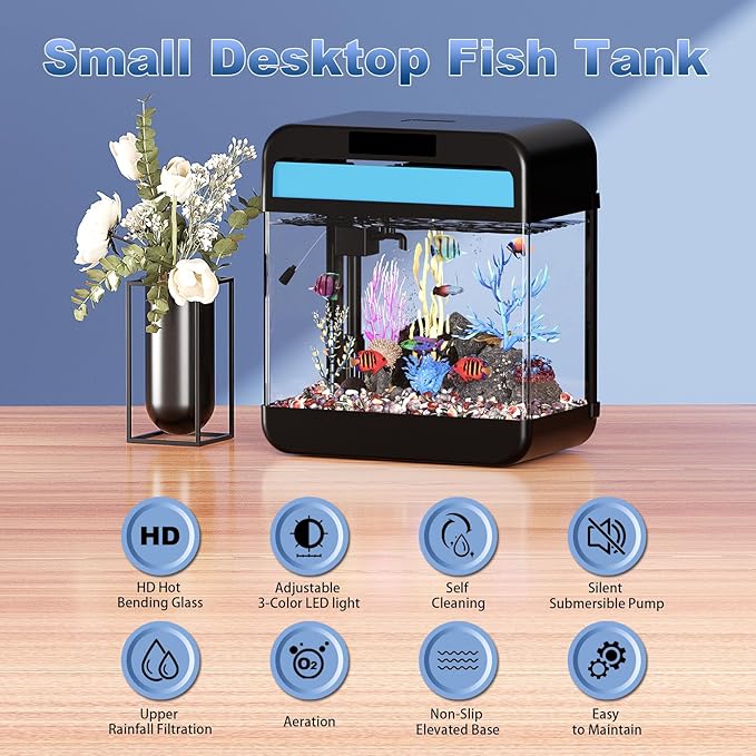 Fish Tank Aquarium 2.2 Gallon with Adjustable 3 Color Light Bead Self Cleaning 3 in 1 Pump with Filteration, Oxygenation, Water Circulation Triple Function, HD Heat Bending Glass, Leak-Proof Base