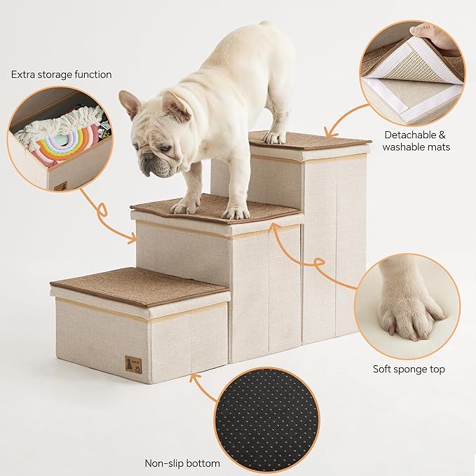 BEDELITE Dog Stairs for Small Medium or Large Dogs, 3 Tiers Dog Steps for High Bed and Couch 17" H, Foldable Pet Stairs Up to 200Lbs with Detachable Mats & Storage, Beige