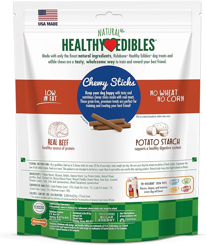 Nylabone Healthy Edibles Chewy Sticks Dog Training Treats Beef 12 oz.