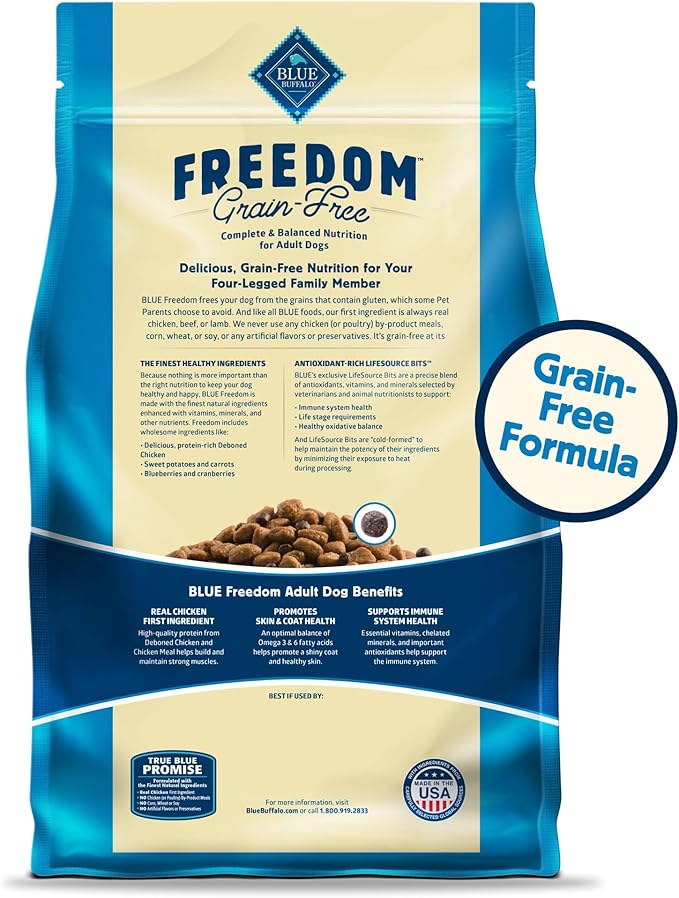 Blue Buffalo Freedom Grain-Free Dry Dog Food, Complete & Balanced Nutrition for Adult Dogs, Made in the USA With Natural Ingredients, Chicken & Potatoes, 4-lb. Bag