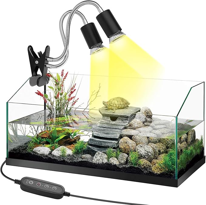 Reptile Heat Lamp,Double-Head Heating Lamp for Reptiles, UVA/B Turtle Lamp with Clamp, Separate Control, Turtle Light,Basking Light for Reptiles Bearded Dragon Turtle Snake, 3 Basking Bulbs.