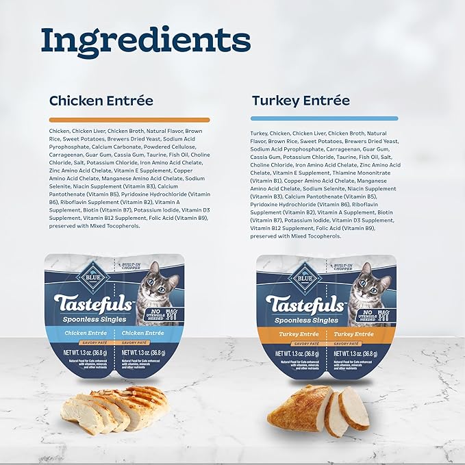 Blue Buffalo Tastefuls Spoonless Singles Variety Pack, Wet Cat Food Paté, 2.6-oz. Twin-Pack Trays, Chicken & Turkey Entreé (12 Count)