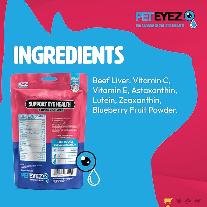 Pet Eyez Vitamin Treats for Cats - Tear Stain Remover - Eye Health Support - Reduces Itching & Allergies - Beef Liver Flavor - 1oz