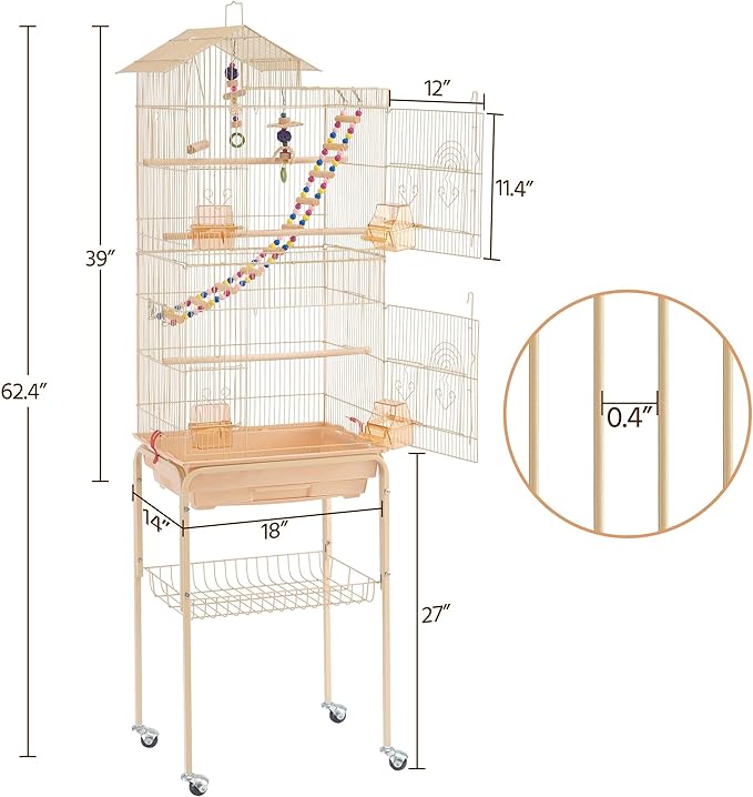 Yaheetech 62.4'' Roof Top Bird Cage Wrought Iron Rolling Parrot Cage for Medium Small Birds Budgies Cockatiels Parakeets Canary