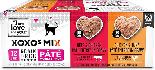 I AND LOVE AND YOU" XOXOs Canned Wet Cat Food, Beef/Chicken Pate Variety Pack, Grain Free, Real Meat, No Fillers, 3 oz Cans, Pack of 12 Cans