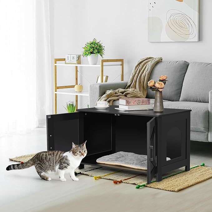 Cat Litter Box Enclosure,Litter Box Furniture Hidden with Barn Door,Wooden Cat Washroom Furniture,Cat House,Fit Most of Litter Box, Black