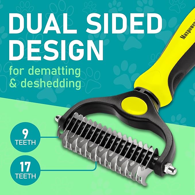 Maxpower Planet Pet Grooming Brush - Double Sided Shedding, Dematting Undercoat Rake for Dogs, Cats - Extra Wide Dog Grooming Brush, Dog Brush for Shedding, Cat Brush, Reduce Shedding by 95%, Yellow