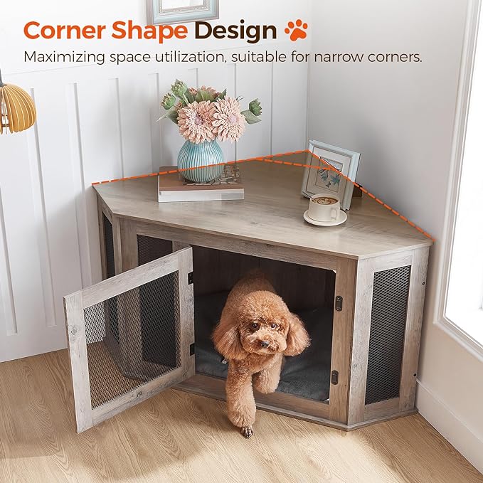 Corner Dog Crate Furniture, Wooden Dog Kennel End Table, Decorative Pet Crate Indoor Use, Furniture Style Dog House for Small Medium Dog, Dog Cage TV Stand, Greige and Black DCHG0801