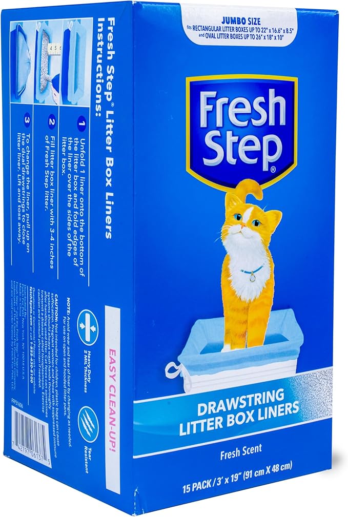 Fresh Step Drawstring Cat Litter Box Liners, Fresh Scent, Size Jumbo, 36" x 19" | Kitty Litter Bags - Cat Litter Liners for Rectangle or Oval Large Litterboxes, 15 Count - 12 Pack