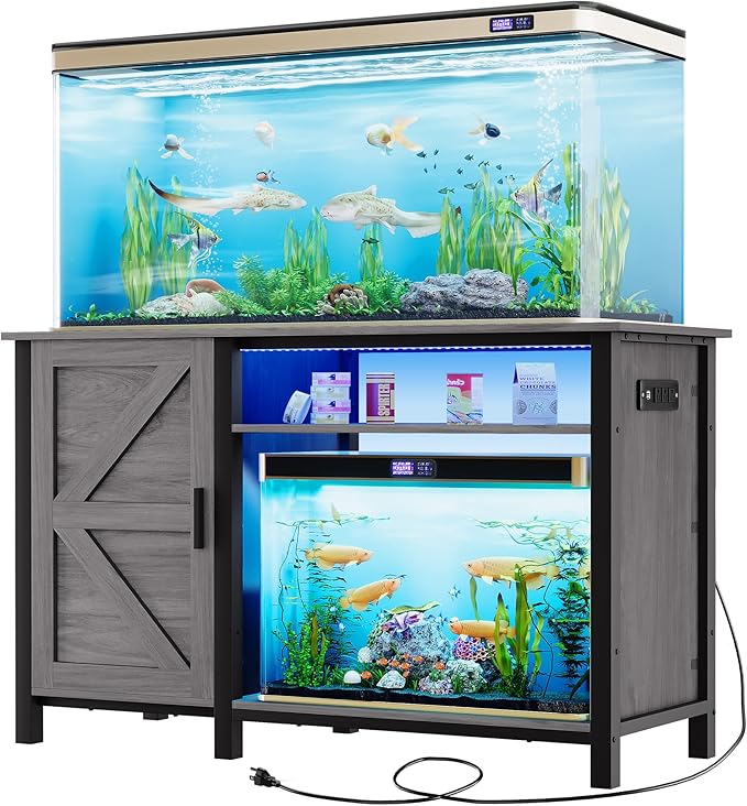 YITAHOME Aquarium Stand with Power Outlets, 55-75 Gallon Fish Tank Stand, Cabinet with RGB Light Strip Suitable for Turtle Tank, Reptile Terrarium, 900LBS Capacity, Grey