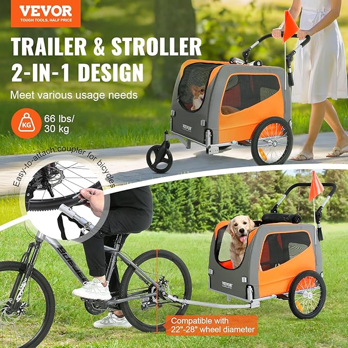 VEVOR Dog Bike Trailer, Supports up to 66/88/100 lbs, 2-in-1 Pet Stroller Cart Bicycle Carrier, Easy Folding Cart Frame with Quick Release Wheels, Universal Bicycle Coupler, Reflectors, Flag