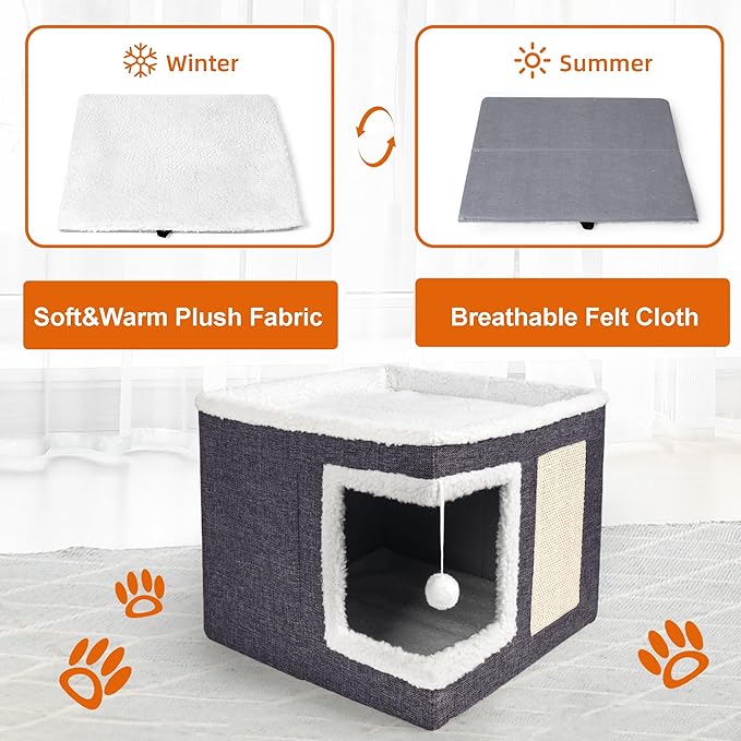 Cat Houses for Indoor Cats - Large Cat Bed Cave for Cat House with Scratch Pad and Fluffy Ball, Foldable Cat Hideaway with Reversible Cushion Cat Condo for Multi Small Pet, Dark Grey