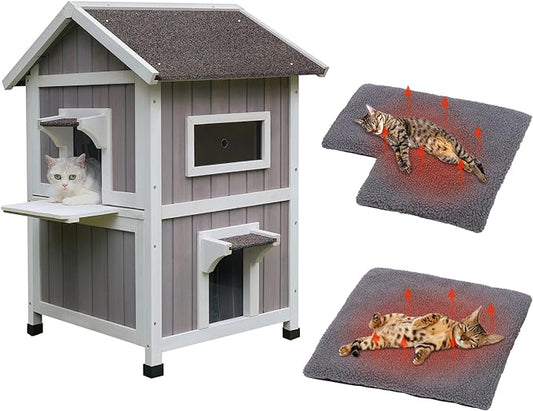 HiCaptain Outdoor Cat House for Outdoor Cats, Large Outside Weatherproof Feral Cat Shelter fot Multiple Cats, Unique Wooden Cat House with Balcony, Escape Door (2-story, Grey House with Mat)