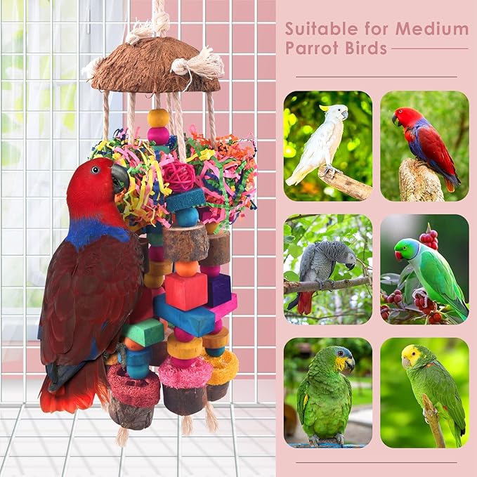 KATUMO Parrot Toys, Large Bird Chew Toys Medium Parrot Cage Accessory Colorful Wood Block Toys for Medium to Large Birds Macaws African Greys Cockatoos Amazon Parrots