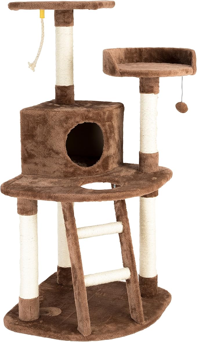 IRIS USA 3-Tier Plush Cat Tree with Hiding Place and Sisal Covered Rungs and Posts, Kitty Activity Center for Indoor and Outdoor Cats with Condo Scratching Posts Dangling Toys and Perches, Brown