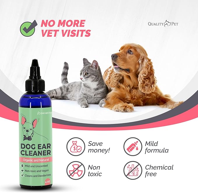 Dog Ear Cleaner Solution - Organic & Natural Ear Cleaning Drops with Aloe, Vitamin E, Coconut Oil & Witch Hazel for Cats and Dogs - Pet Ear Wash, Rinse & Cleanser to Relieve Itchy Ears