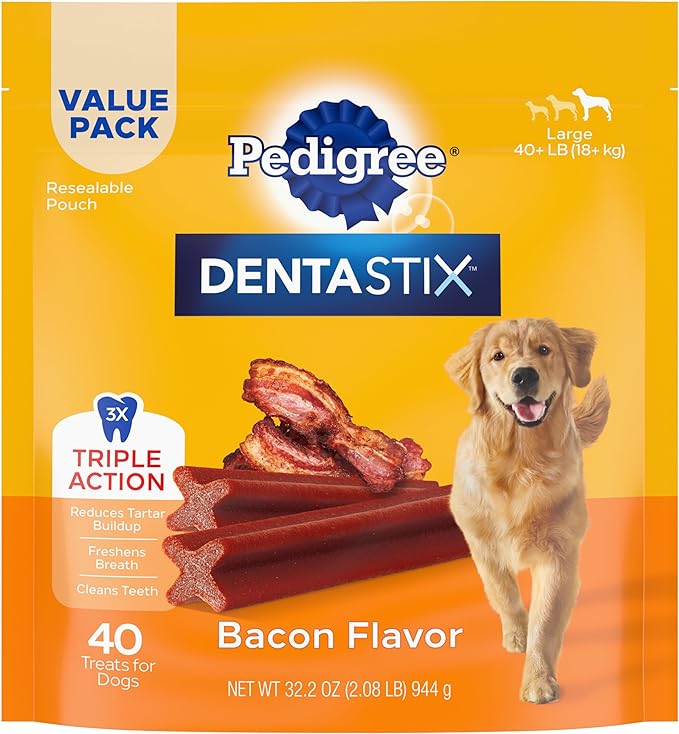 Pedigree DENTASTIX Adult Large Dog Dental Care Treats, Bacon Flavor, 2.08 lb. Pack (40 Treats)