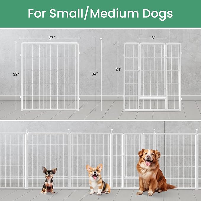 Simple Deluxe Dog Playpen, 32" Height 8 Panels Fence with Anti-Rust Coating, Metal Heavy Portable Foldable Dog Pen for Small/Medium Dogs RV Camping, White