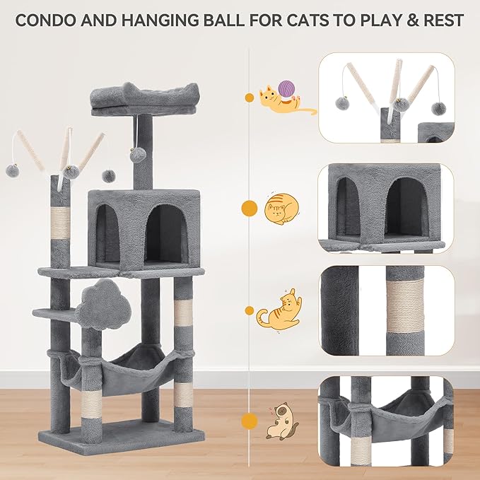 YITAHOME 44in Cat Tree Tower for Indoor Cats, Multi-Level Cat Furniture with Scratching Posts, Cat Window Padded Plush Perch, Cozy Hammock, Funny Pompoms for Kittens Pet Play House, Light Gray