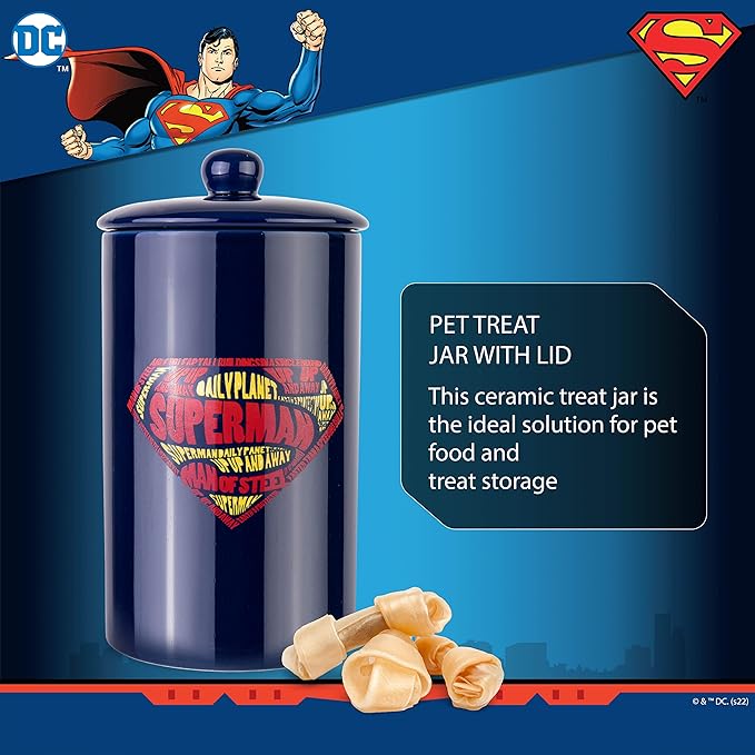 DC Comics Superman Logo Pattern Treat Jar | 10"x 5" Dog Treat Jar with Lid | Dishwasher Safe Superman Dog Food Storage Container Cylinder for Dog Treats