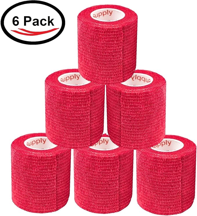 2 Inch Vet Wrap Tape Bulk (Red) (Pack of 6) Self Adhesive Adherent Adhering Flex Bandage Grip Roll for Dog Cat Pet Horse