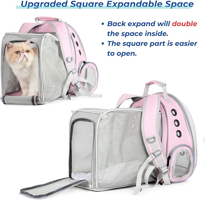 LOLLIMEOW Pet Carrier Backpack, Bubble Backpack Carrier, Cats and Puppies,Airline-Approved, Designed for Travel, Hiking, Walking & Outdoor Use (Square Expandable-Pink)