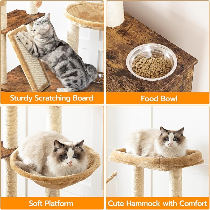HOOBRO Cat Tree with Litter Box Enclosure, 44" Tall Wooden Cat Tower with Scratching Posts, Cat Hammock, Hidden Litter Box Furniture, All-in-One Indoor Cat Condo, Rustic Brown FG48MZ03