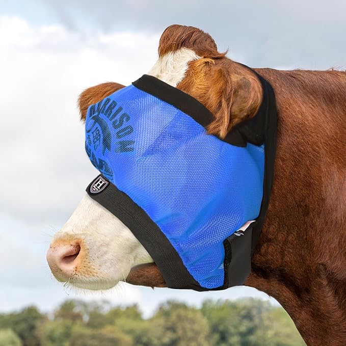 Harrison Howard Cattle Livestock Fly Mask Breathable Mesh Padded Edging with Fun Patterns Large Spacing Forelock Opening Design Adjustable Fit for Cattle Print Blue