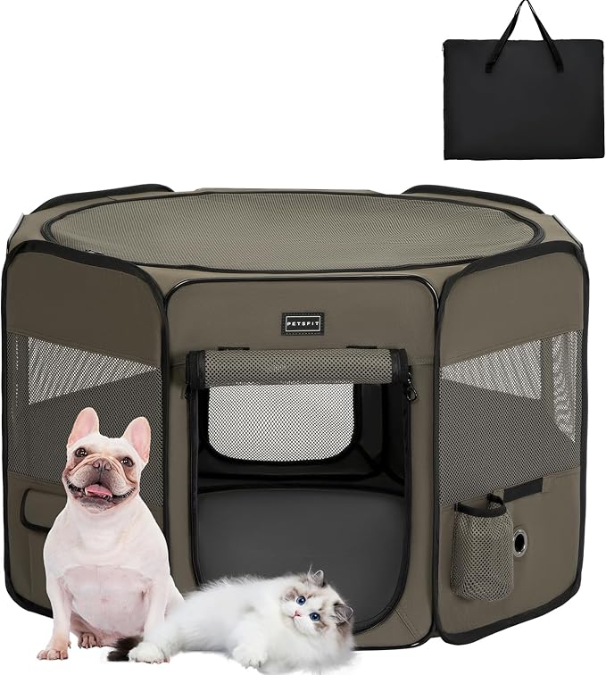 PETSFIT Puppy Playpen, 29.5" Dia Sturdy Foldable cat Playpen for Small Pets Indoor/Outdoor, Portable Pet Playpen with Carring Case, Removable Mesh Zipper Top and Waterproof Playpen Mat Grey-Black S