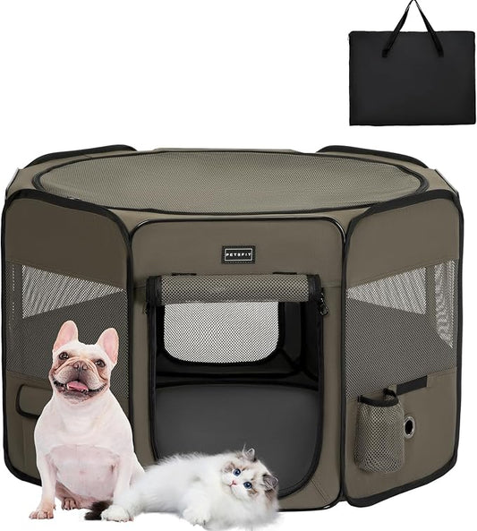 PETSFIT Puppy Playpen, 29.5" Dia Sturdy Foldable cat Playpen for Small Pets Indoor/Outdoor, Portable Pet Playpen with Carring Case, Removable Mesh Zipper Top and Waterproof Playpen Mat Grey-Black S