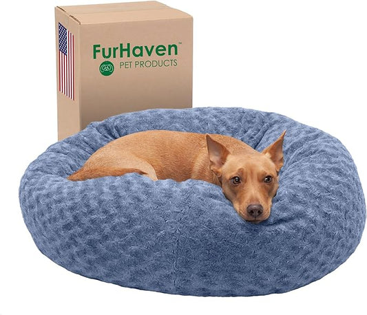 Furhaven 30" Round Donut Dog Bed for Medium/Small Dogs, Refillable w/ Removable Washable Cover, For Dogs Up to 45 lbs - Curly Faux Fur Donut Bed - Fresh Blueberry, Medium