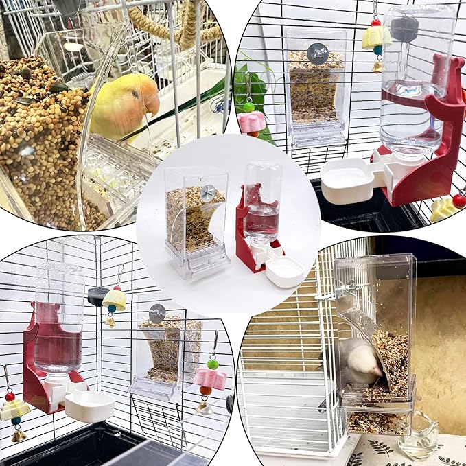 Parrot Automatic Feeder Bird Water Dispenser for cage No Mess Bird Feeder Food Container Feeding Station Foraging with 3 Beak Grinding Stone for Cockatiel Cockatoo Canary Lovebirds