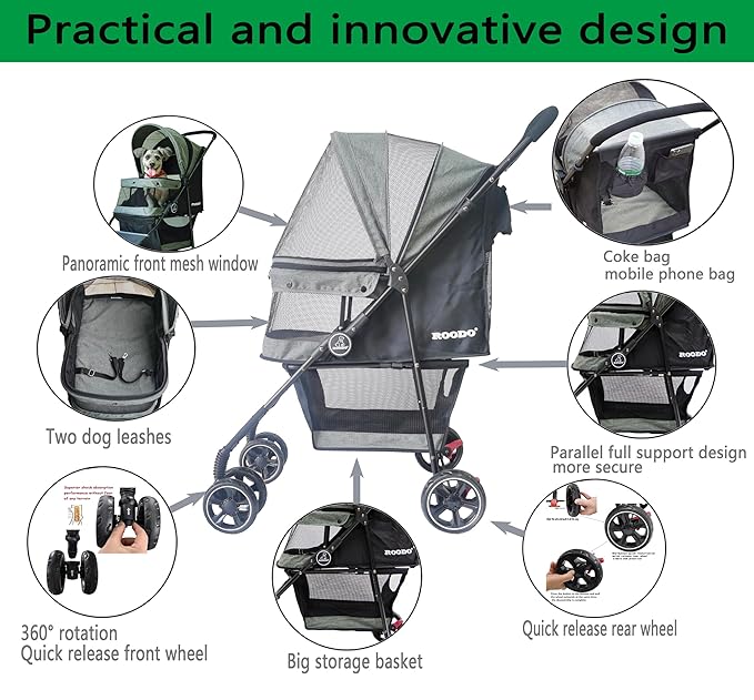 ROODO Dog Stroller 4 Wheel Pet Stroller Cat Stroller Lightweight Foldable Portable Compact Jogger Pet Gear Amazon Puppy Travel Pet Stroller Suitable for Cats and Dogs up to 30lbs(Cationic ash)